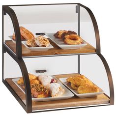 three tiered display case with pastries and donuts on it's sides