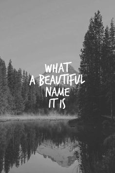 a black and white photo with the words what a beautiful name it is in front of trees