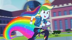 rainbow dash running in front of a building with a large rainbow on it's side