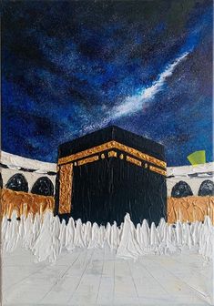 a painting of the ka'bah in the night sky with stars above it