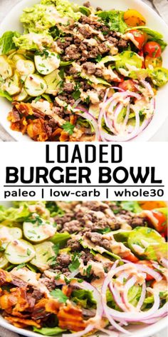 this loaded burger bowl is full of meat, lettuce and onions