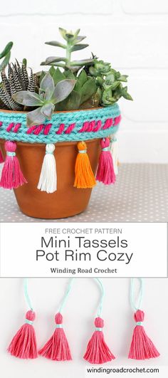 the free crochet pattern for mini tassels pot rim cozy