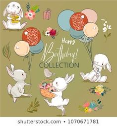 happy birthday card with rabbits and balloons