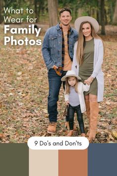 a family is posing for a photo in the woods with their child and dad, who are