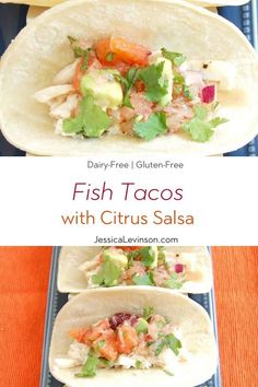 three fish tacos with citrus salsa and avocado