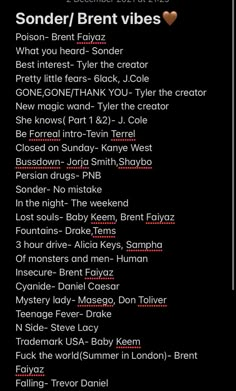 the song list for sonder / brent vibes