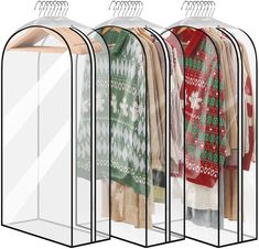 three clear closets with sweaters and scarves on them