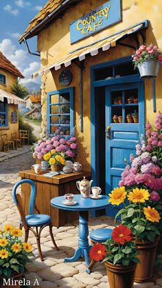 there is a painting of a cafe with flowers on the table and potted plants outside