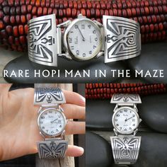 These stunning Hopi watch tips are expertly handcrafted from Sterling Silver using traditional overlay techniques. This involves soldering two sheets of silver together, with the bottom layer being oxidized and etched, and the top layer hand cut and carefully soldered onto it. The "Man in the Maze" motif is deeply rooted in Native American folklore, serving as a guide for understanding the complexities of life, as we journey through the maze of experiences. Native American Folklore, Man In The Maze, American Folklore