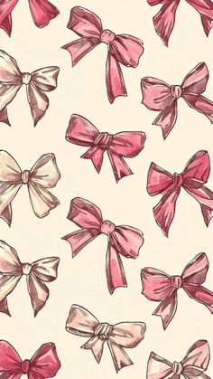 a drawing of many different bows on a white background with pink and red colors in the middle