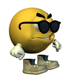 a yellow emoticure with sunglasses on his head and arms, standing next to shoes