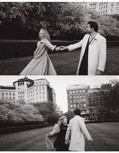 black and white photos of people walking in the park, one holding hands while the other holds