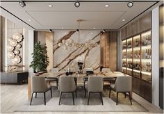 an elegant dining room with marble walls and flooring, along with modern chairs and tables