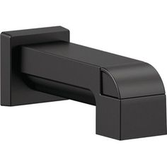 a black wall mounted faucet with the handle extended to it's side