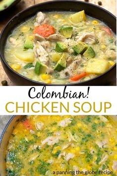 chicken soup with zucchini, carrots and broccoli in a black bowl