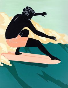 a painting of a man on a surfboard in the ocean