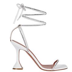 Amina Muaddi Vita Leather Wrap Sandal - Size: 7.5 (It/Eu 37.5) - True To Size - Ivory Patent Leather - Metallic Leather Upper With Leather Sole - Crystal Embellished Ankle Wrap With Tie Closure - Crystal Embellished Vamp - Leather Lining And Footbed - Square Toe With Martini Heel - Approx 95mm/ 3.75 Inch Heel Amina Muaddi's Shoes Are Instantly Recognizable Thanks To The Label's Signature Fluted Heels. Made In Italy From Patent-Leather, These 'Vida' Heels Have Slender Straps Embellished With Scores Of Light-Catching Crystals. The White Hue Makes Them Particularly Perfect For Modern Brides. Used Condition With Signs Of Wear (Displayed In Photos) Including Minor Missing Crystals. Muaddi Shoes, Amina Muaddi Heels, Amina Muaddi Shoes, Square Toe Sandals, Wrap Sandals, Amina Muaddi, Designer Sandals, Leather Wraps, Metallic Leather