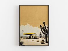 a painting of a gas station in the desert with cacti and cactus trees