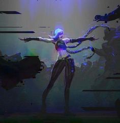 a digital painting of a woman holding her arms out in front of an alien like background