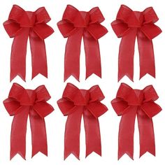 six red bows are shown in four different positions, each with one large bow at the top