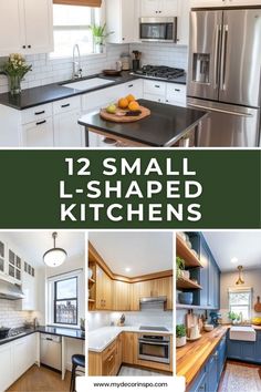 small l - shaped kitchen with white cabinets and black countertops is featured in this post