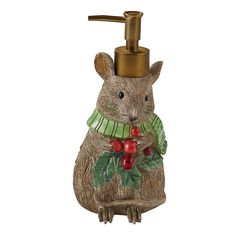 a bathroom sink faucet with a brown mouse on it's body and holly wreath around its neck