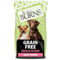 a bag of grain free dog food with two dogs on the front and one in the back