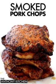 A side view of five smoked pork chops stacked on top of each other. Smoked Chops Recipes, Air Fryer Smoked Pork Chops, Brown Sugar Pork Chops, Perfect Pork Chops, Smoked Pork Chops, Smoked Pork Loin, Easy Pork Chop Recipes, Pork Chop Recipes Baked, Pork Loin Chops