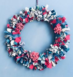 an ornament made out of small pieces of fabric