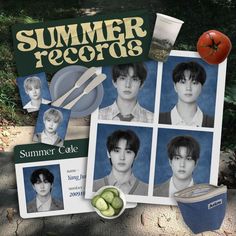 an advertisement for summer records with pictures of young men and vegetables on the table next to it