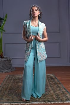 Buy Pink Silk Cowl Asymmetric Draped Tunic And Pant Set For Women by Rajdeep Ranawat Online at Aza Fashions. Embroidered Neckline, Green Sequins, Collar Jacket, Embroidered Jacket, Designer Gowns