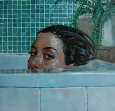 a painting of a woman taking a bath in a blue tiled tub with green tiles