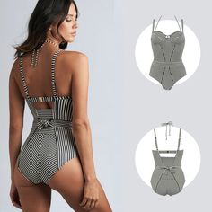 This blue ecru bathing suit breathes class and comfort alike. A uniquely striped pattern celebrates your female curves and timeless beauty. Padding gives you extra support. Buttocks and groin are covered partially. Choose this shape for a sexy and classy look with a dash of comfort. Striped Swimwear With Lined Body For Vacation, Vertical Stripes Swimwear For Poolside And Beach Season, Summer Swimwear With Vertical Stripes For Poolside, Chic Striped Swimwear For Sunbathing, Striped Lined Swimwear For Poolside, Vertical Stripes Swimwear For Beach Season, Vertical Stripes Beachwear For Beach Season, Striped Halter Neck Swimwear For Poolside, Beachwear Swimwear With Vertical Stripes For Poolside