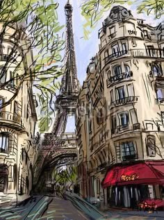 the eiffel tower towering over the city of paris, painted with colored pencils