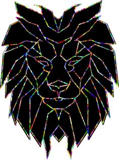 a black and white photo of a lion's head with multicolored lines