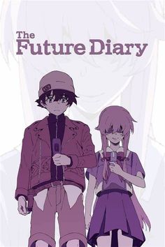 two people standing next to each other in front of a white background with the words, the future diary