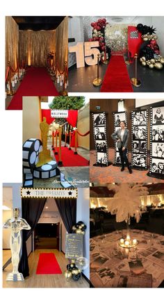 a collage of photos with black and white decorations, red carpet, gold decor