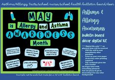 "Allergy/Asthma Facts for May bulletin board/door decor kit for nurses' office, school health/doctor office decor instant download (PDF) Upgrade your bulletin board or door with this super cute, informative, and easy to-do design for asthma and allergy awareness month! (May) Can also be left up year round if you remove \"May, is, month\" Comes with 8 \"fact\" cards to display, and all information comes from the Allergy and Asthma Foundation of America. Suitable for just about any grade/area and so adorable!!   Digital file only no physical item will be delivered PDF file will be sent to you immediately.  Print on your own paper (8.5x11in)  Tip: cardstock gives the best results!   (10) Pages total with instructions on the page, it's as easy as cutting and pasting! You can arrange it however Asthma Awareness Month, Health Office Decor School, Medical Bulletin Board Ideas, School Health Office Decor, School Nurse Decorations, Nurse Decorations, May Bulletin Board, Nurse Clinic, Doctor Office Decor