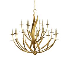 a gold chandelier with candles hanging from the bottom and one light on top