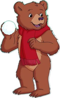 a brown bear wearing a red scarf and holding a snowball in its paws with one hand