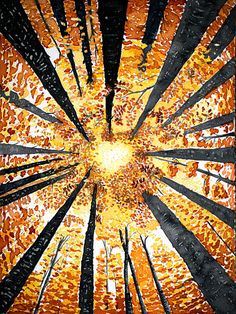 an abstract painting with lots of orange and black lines in the center, as well as trees