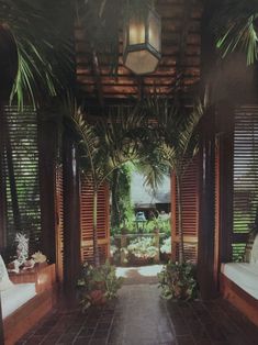 the inside of a tropical style house with wooden shutters and plants on either side