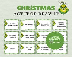 christmas act it or draw it game with green and white text on the front,