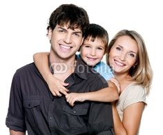 a man and woman with two children posing for the camera, one is holding his arm around the other's shoulders