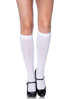 Whether you are wearing a school girl skirt or lederhosen, these knee highs are what you need.  These lightweight stocking knee highs are a lovely opaque white.  These incredible 100% nylon socks are an excellent addition to many different costumes and cosplays.  One size fits most adults and teens. Tights With Heels, White Knee High Socks, Opaque Stockings, 160 Pounds, Knee High Stockings, White Tights, Knee Highs, Socks And Heels, Leg Avenue