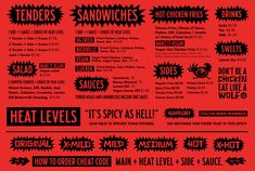 a red menu with black and white lettering on it, including the words heat levels