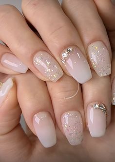 Wedding Nails For Bride Acrylic Coffin Short, Nails For Brothers Wedding, Formal Wedding Nails, Glittery Wedding Nails, Neutral Nails For Wedding Guest, Engagement Nails Ideas Indian, Baptism Nails Ideas, Nail Ideas Gems, Nail Art Designs For Engagement