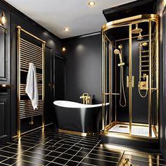 a black and gold bathroom with a claw foot tub