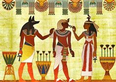 two egyptian men standing next to each other in front of an egyptian wallpaper with vases and lamps