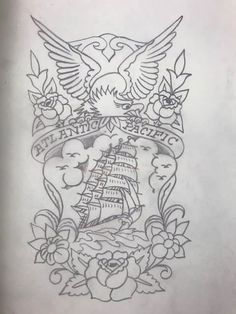 a drawing of an eagle with a ship on it's back and some flowers around it